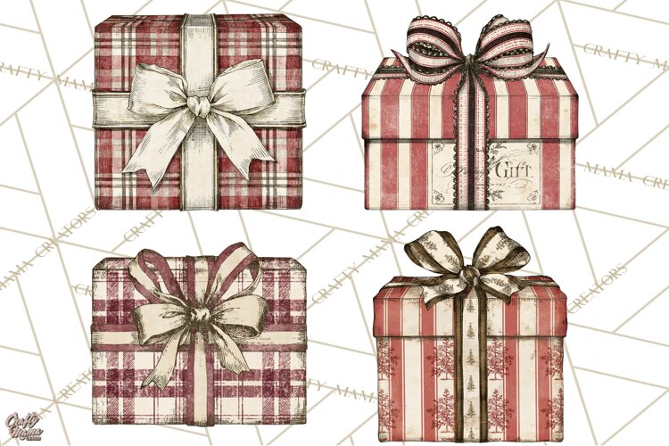 Vintage Christmas Presents Clipart, Christmas Gift Box PNG example image 1