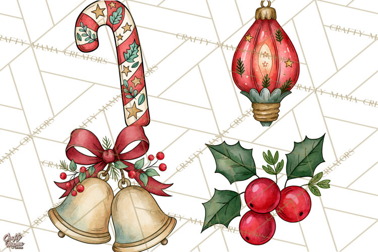 Vintage Christmas Clipart Accessories, Holiday Doodle PNG example image 1