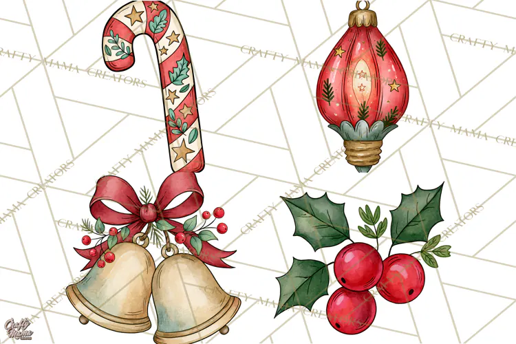 Vintage Christmas Clipart Accessories, Holiday Doodle PNG