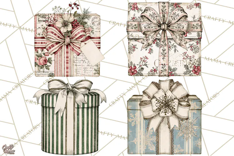 Vintage Christmas Presents Clipart, Christmas Gift Box PNG