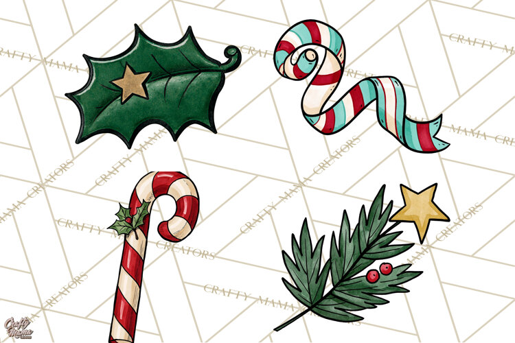 Vintage Christmas Clipart Accessories, Holiday Doodle PNG example image 1