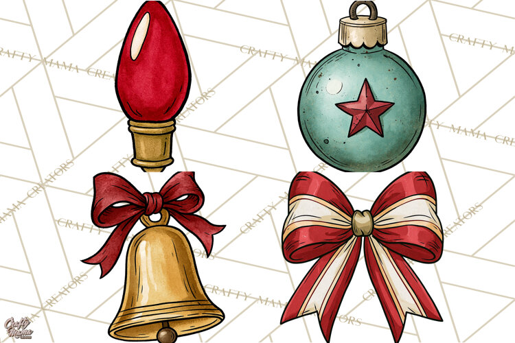 Vintage Christmas Clipart Accessories, Holiday Doodle PNG example image 1
