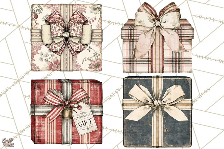 Vintage Christmas Presents Clipart, Christmas Gift Box PNG