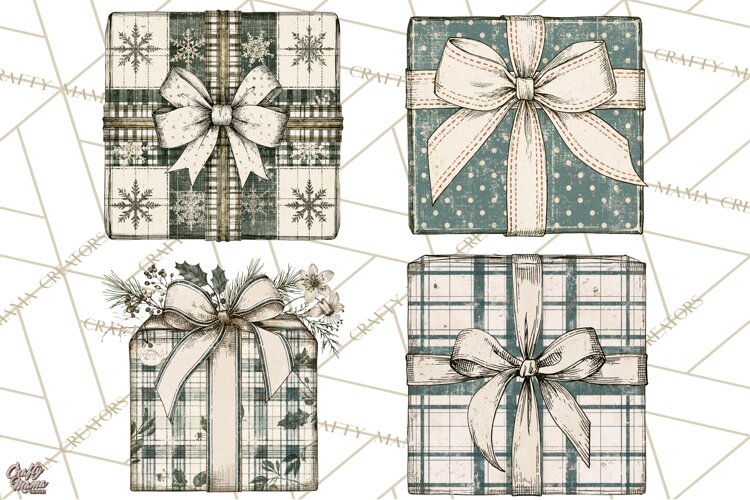 Vintage Christmas Presents Clipart, Christmas Gift Box PNG example image 1