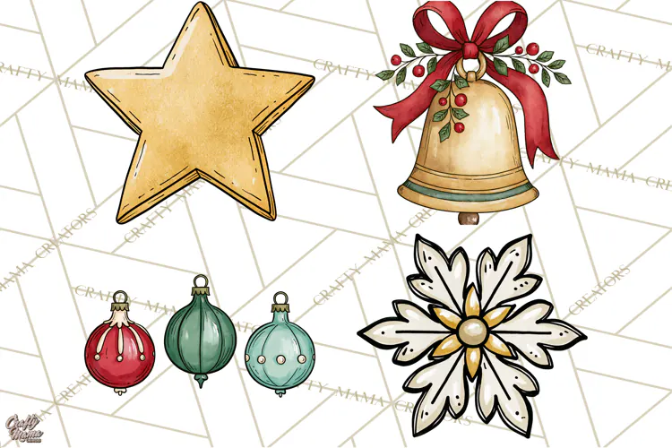 Vintage Christmas Clipart Accessories, Holiday Doodle PNG
