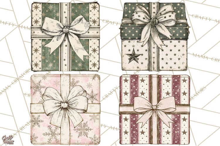 Vintage Christmas Presents Clipart, Christmas Gift Box PNG example image 1
