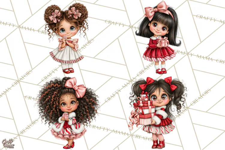 Candy Cane Christmas Girls Clipart PNG, Cute Holiday Kids