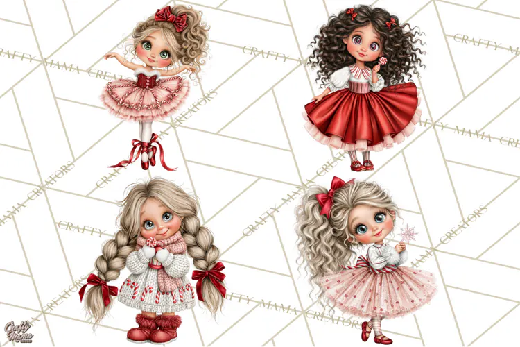 Candy Cane Christmas Girls Clipart PNG, Cute Holiday Kids