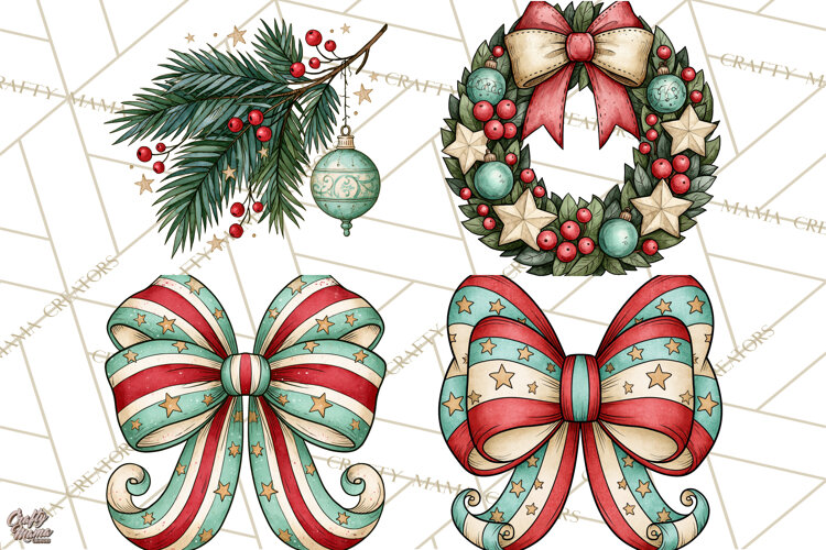 Vintage Christmas Clipart Accessories, Holiday Doodle PNG example image 1