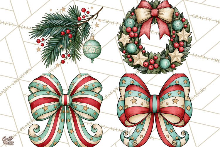 Vintage Christmas Clipart Accessories, Holiday Doodle PNG