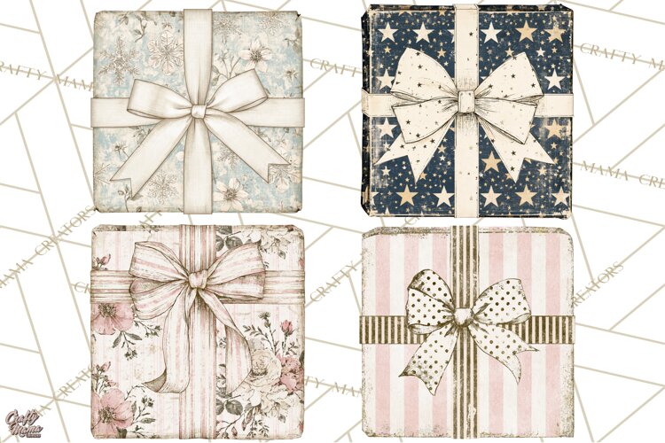 Vintage Christmas Presents Clipart, Christmas Gift Box PNG example image 1