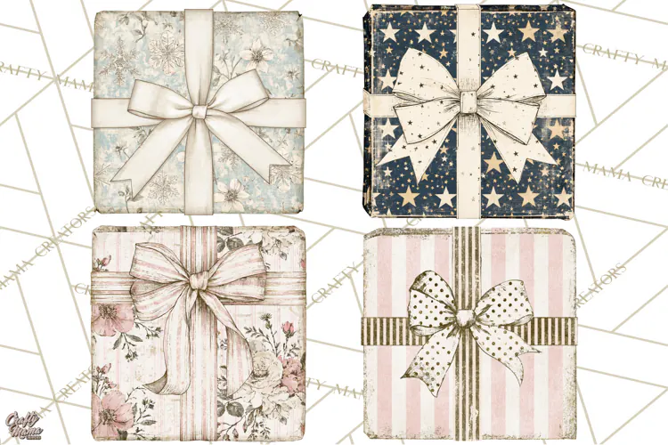 Vintage Christmas Presents Clipart, Christmas Gift Box PNG