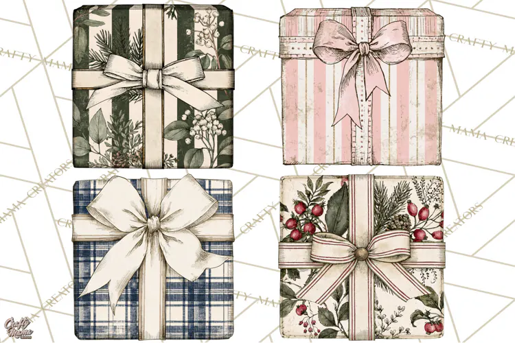 Vintage Christmas Presents Clipart, Christmas Gift Box PNG