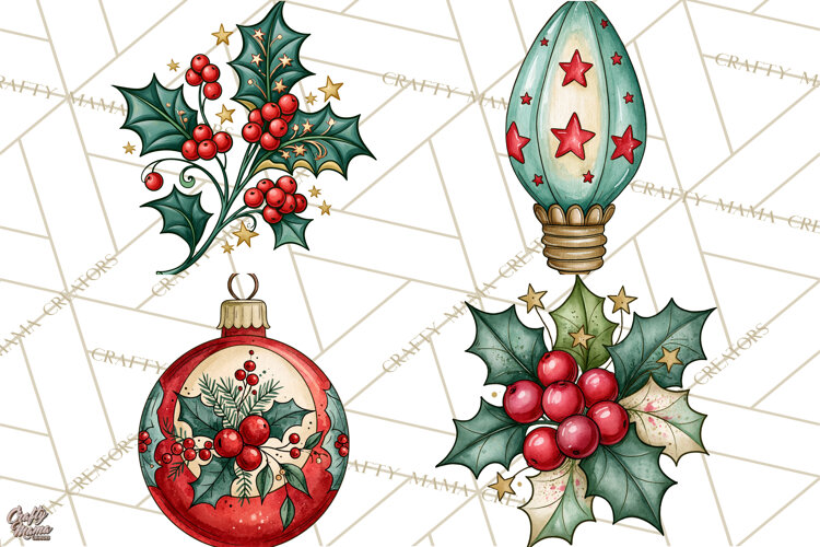 Vintage Christmas Clipart Accessories, Holiday Doodle PNG example image 1