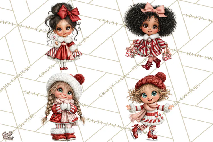 Candy Cane Christmas Girls Clipart PNG, Cute Holiday Kids