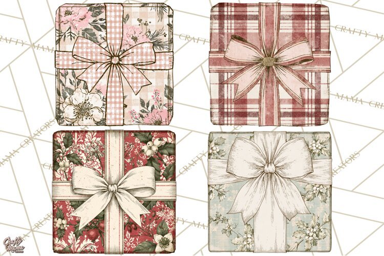 Vintage Christmas Presents Clipart, Christmas Gift Box PNG example image 1