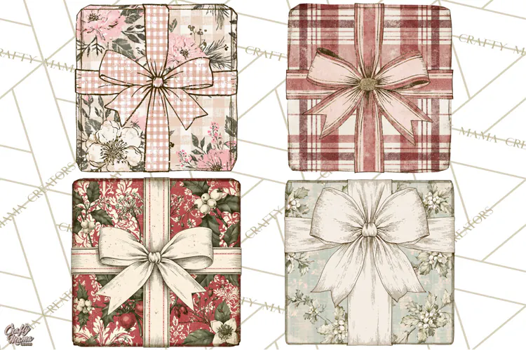 Vintage Christmas Presents Clipart, Christmas Gift Box PNG