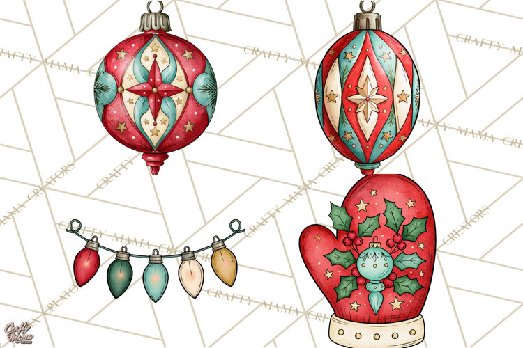 Vintage Christmas Clipart Accessories, Holiday Doodle PNG example image 1