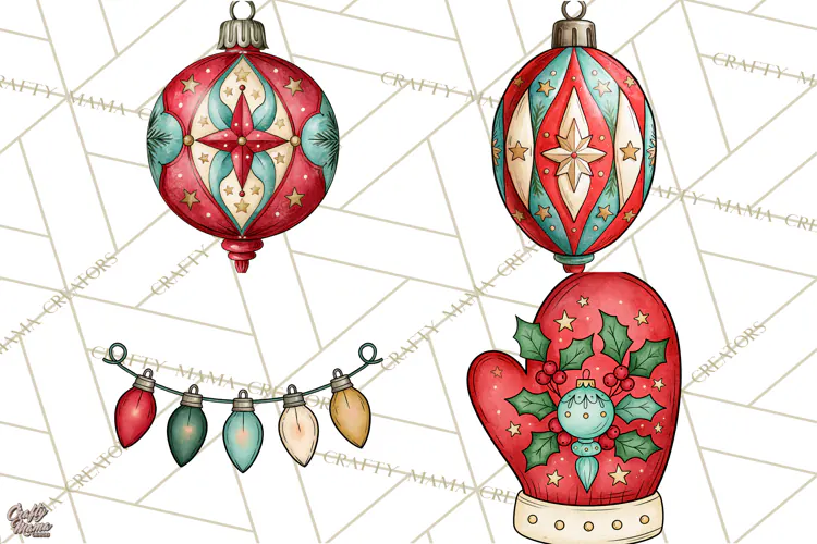 Vintage Christmas Clipart Accessories, Holiday Doodle PNG