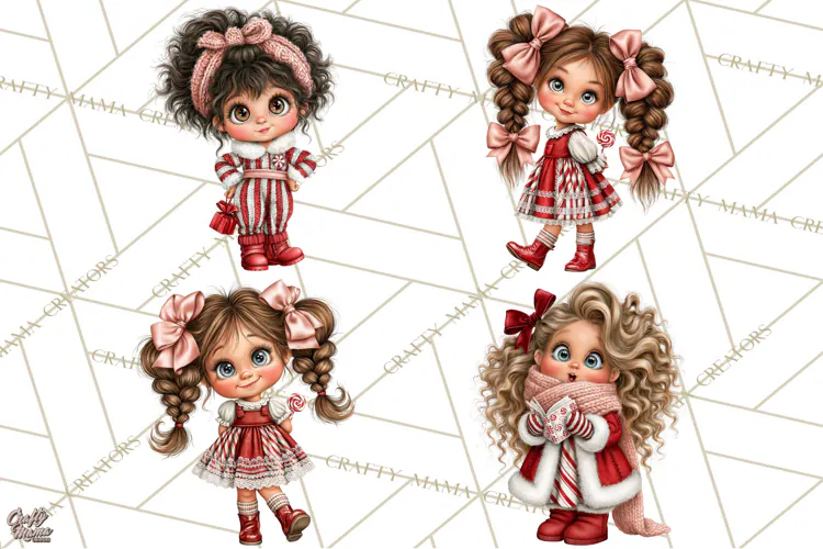 Candy Cane Christmas Girls Clipart PNG, Cute Holiday Kids