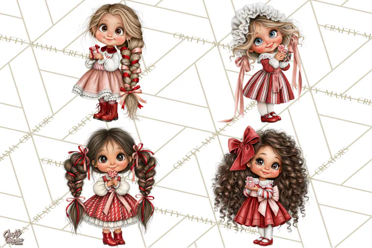 Candy Cane Christmas Girls Clipart PNG, Cute Holiday Kids