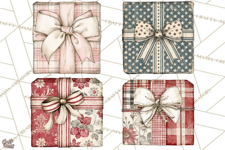 Vintage Christmas Presents Clipart, Christmas Gift Box PNG example image 1