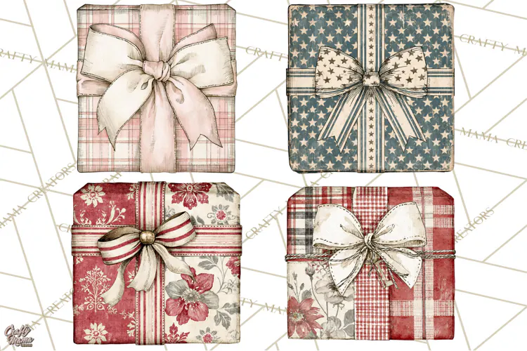Vintage Christmas Presents Clipart, Christmas Gift Box PNG