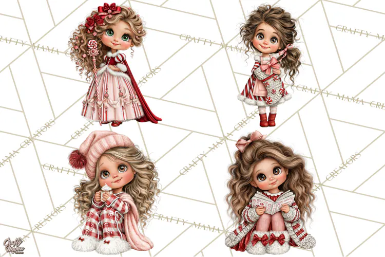 Candy Cane Christmas Girls Clipart PNG, Cute Holiday Kids