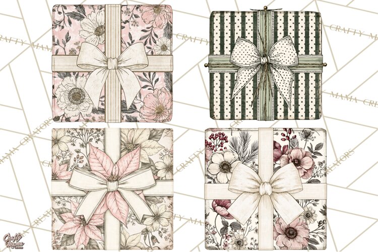 Vintage Christmas Presents Clipart, Christmas Gift Box PNG example image 1