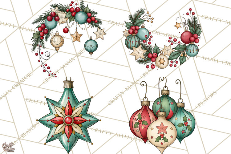 Vintage Christmas Clipart Accessories, Holiday Doodle PNG example image 1