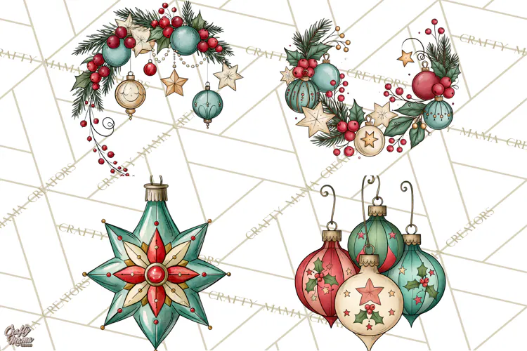 Vintage Christmas Clipart Accessories, Holiday Doodle PNG