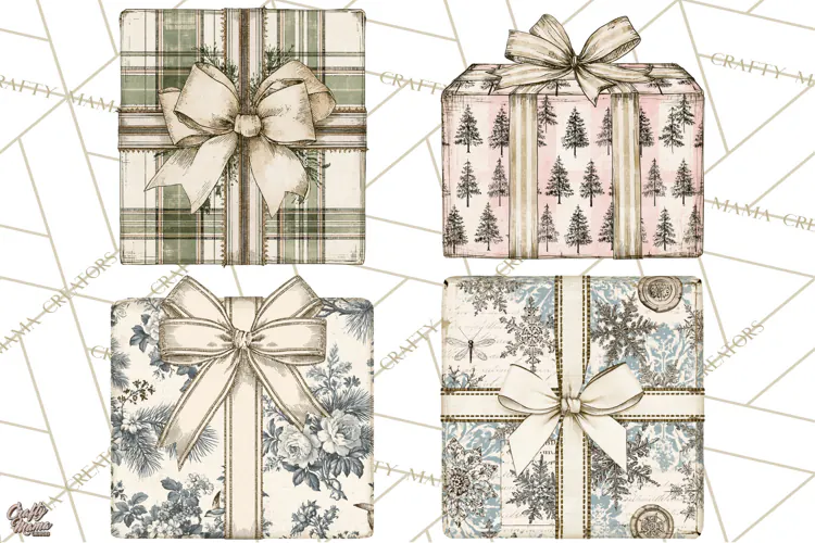 Vintage Christmas Presents Clipart, Christmas Gift Box PNG