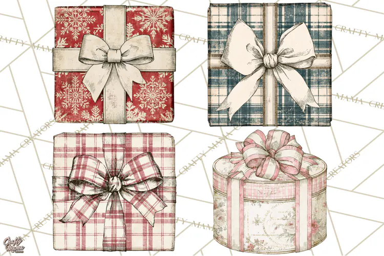 Vintage Christmas Presents Clipart, Christmas Gift Box PNG