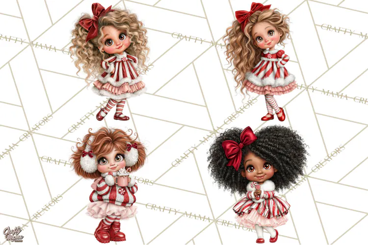 Candy Cane Christmas Girls Clipart PNG, Cute Holiday Kids