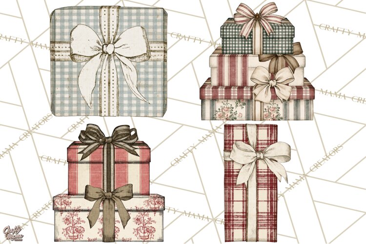 Vintage Christmas Presents Clipart, Christmas Gift Box PNG example image 1