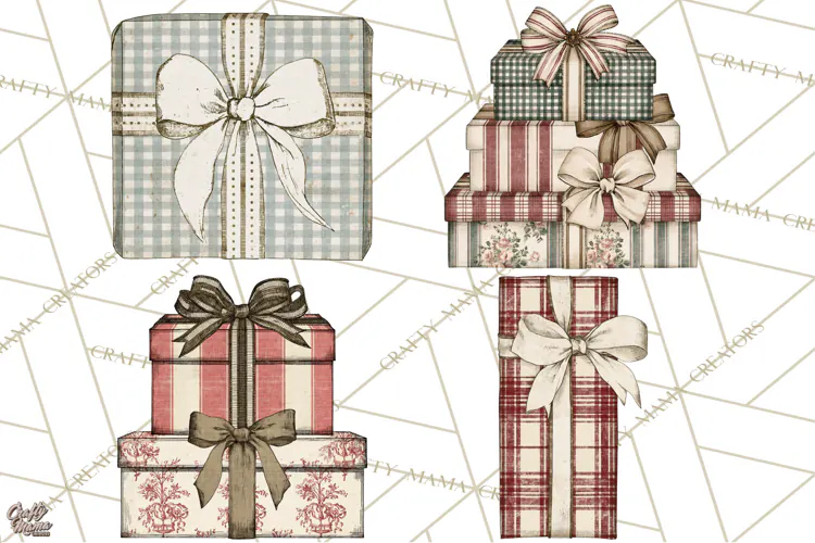 Vintage Christmas Presents Clipart, Christmas Gift Box PNG