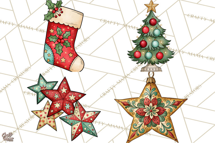 Vintage Christmas Clipart Accessories, Holiday Doodle PNG example image 1