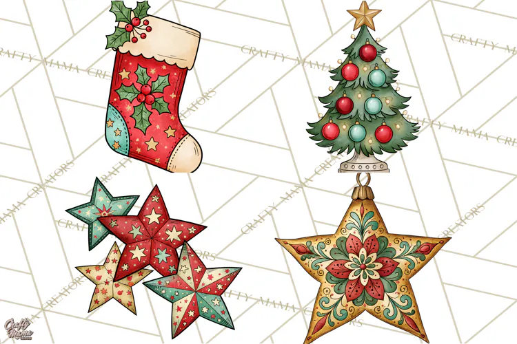 Vintage Christmas Clipart Accessories, Holiday Doodle PNG