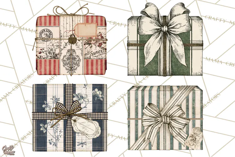 Vintage Christmas Presents Clipart, Christmas Gift Box PNG