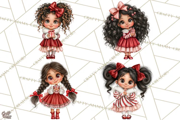 Candy Cane Christmas Girls Clipart PNG, Cute Holiday Kids