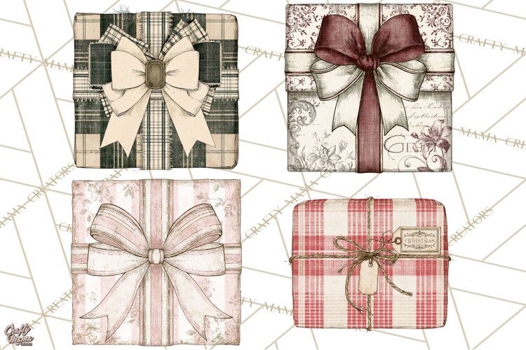 Vintage Christmas Presents Clipart, Christmas Gift Box PNG example image 1