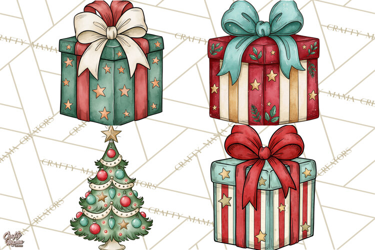 Vintage Christmas Clipart Accessories, Holiday Doodle PNG example image 1