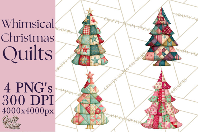 Whimsical Quilted Christmas Trees PNG, Bright Christmas