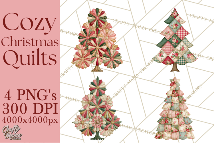 Quilted Christmas Trees PNG, Vintage Christmas Trees