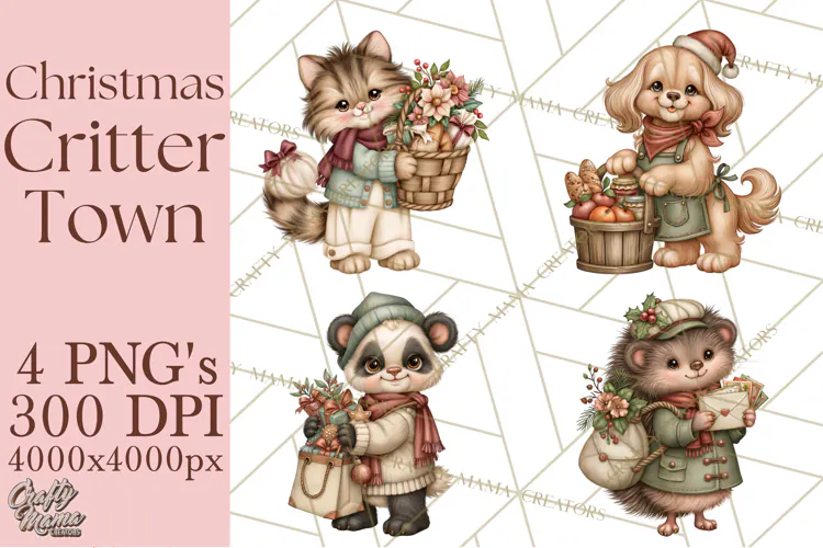 Christmas Critter Town Clipart PNG, Winter Holiday Town