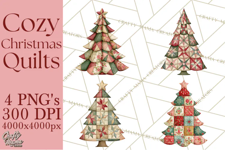 Quilted Christmas Trees PNG, Vintage Christmas Trees