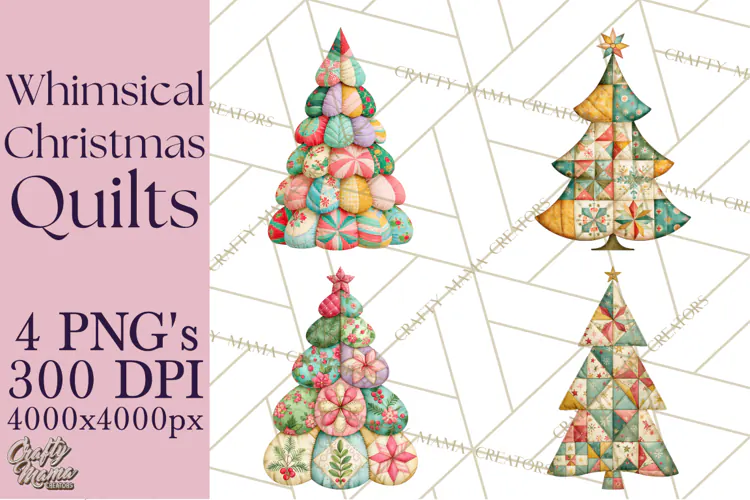 Whimsical Quilted Christmas Trees PNG, Bright Christmas