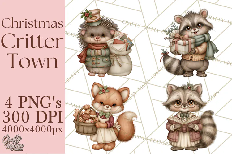 Christmas Critter Town Clipart PNG, Winter Holiday Town