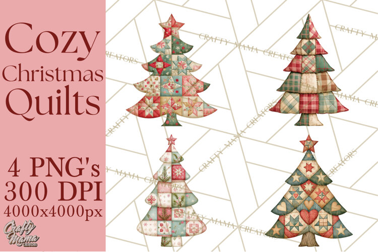 Quilted Christmas Trees PNG, Vintage Christmas Trees example image 1
