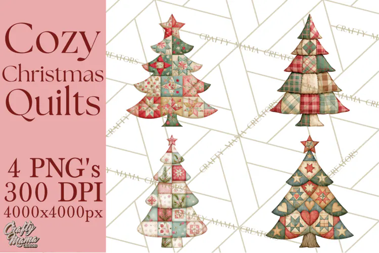 Quilted Christmas Trees PNG, Vintage Christmas Trees